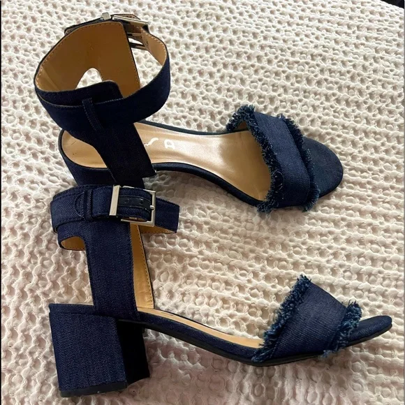 Unisa denim fringe sandals with heel